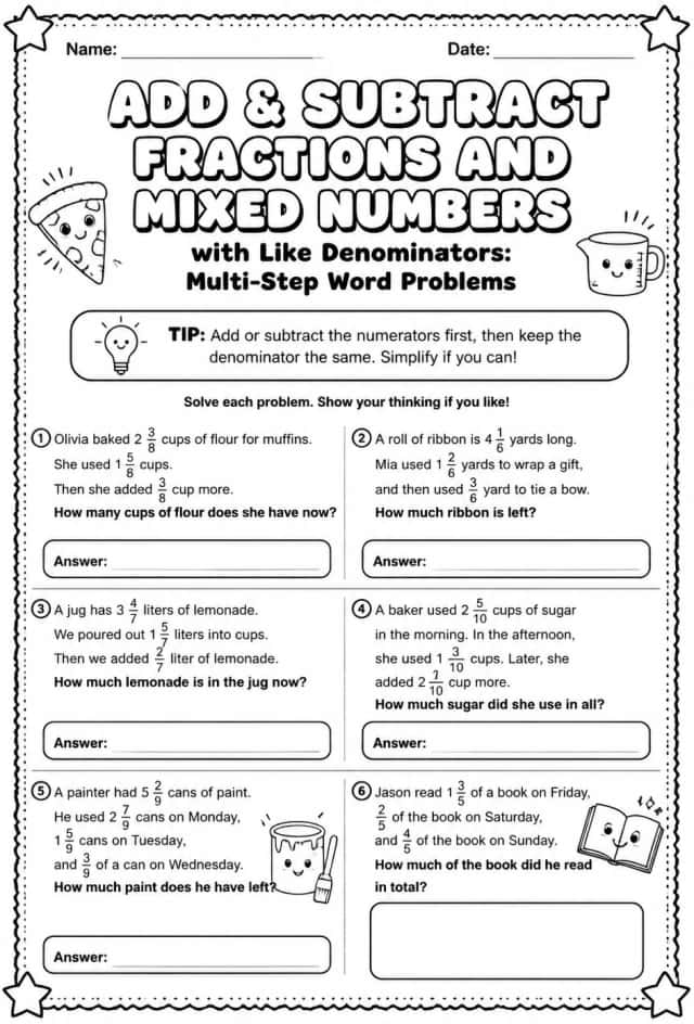 Add and subtract fractions and mixed numbers with like denominators: multi-step word problems