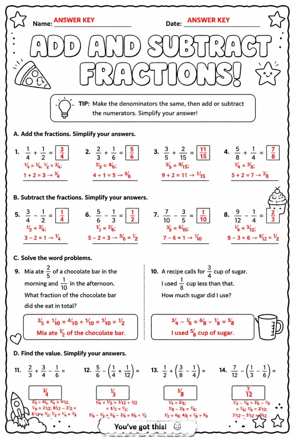 Answer key for Add and subtract fractions — free printable Math worksheet