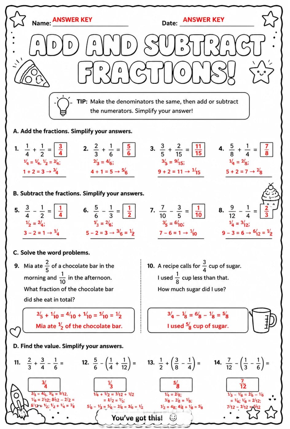 Answer key for Add and subtract fractions — free printable Math worksheet