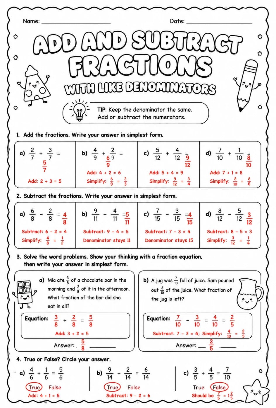 Answer key for Add and subtract fractions with like denominators — free printable Math worksheet
