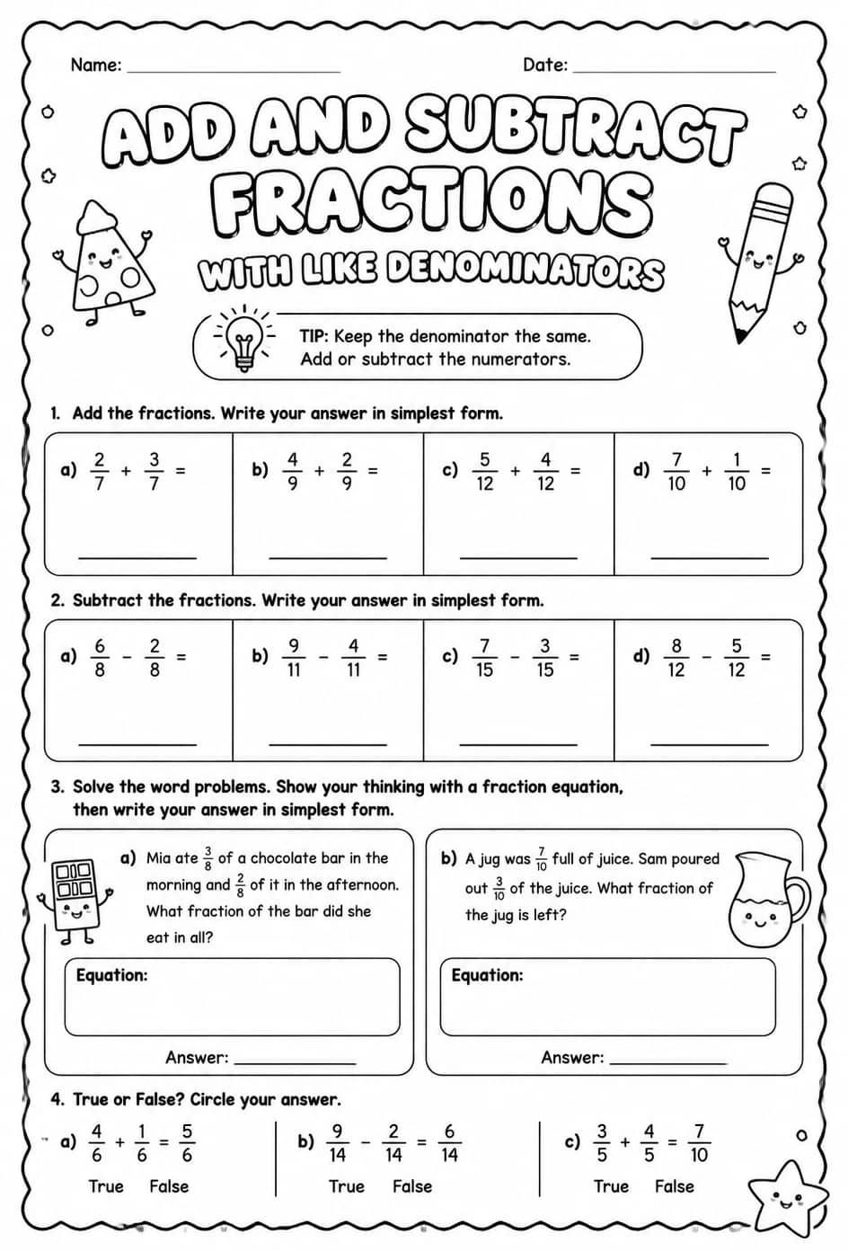 Add and subtract fractions with like denominators — free printable Grade 4 math worksheet