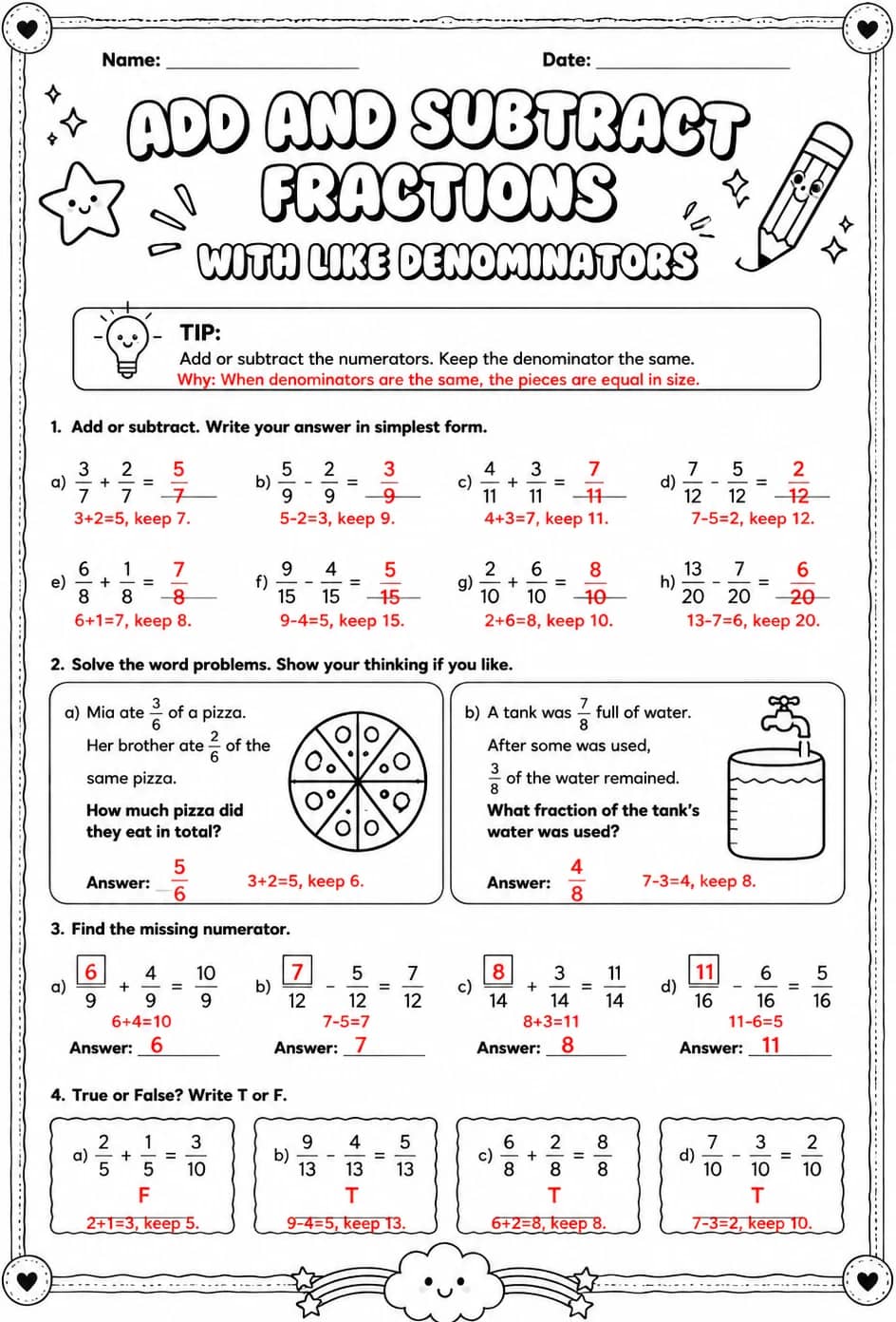 Answer key for Add and subtract fractions with like denominators — free printable Math worksheet
