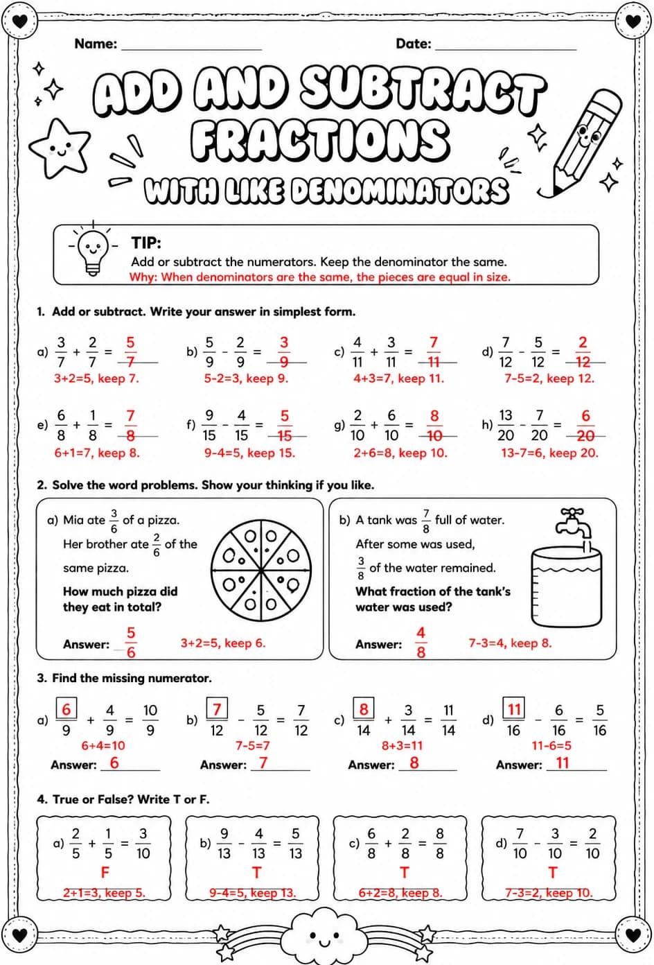 Answer key for Add and subtract fractions with like denominators — free printable Math worksheet