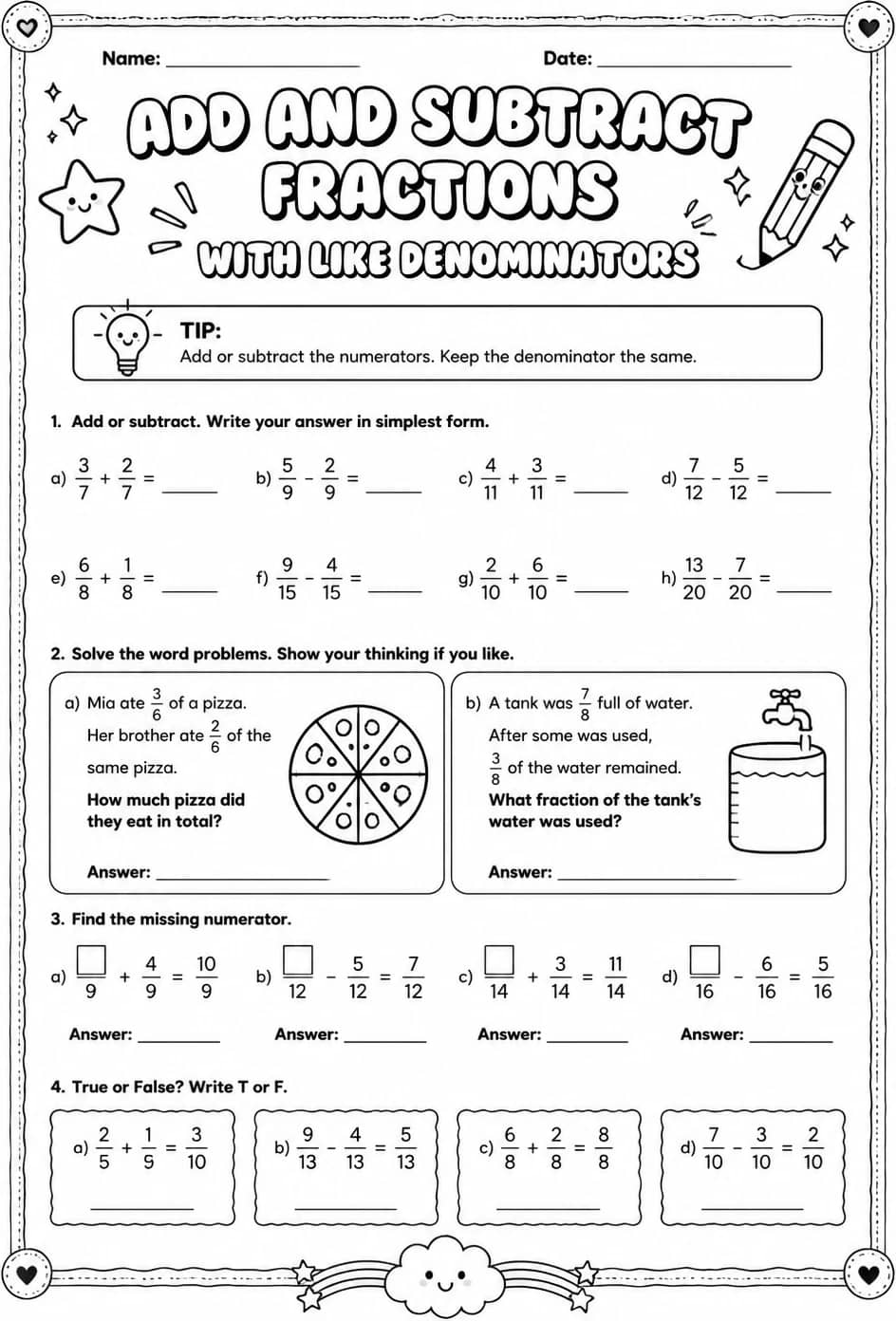 Add and subtract fractions with like denominators — free printable Grade 6 math worksheet