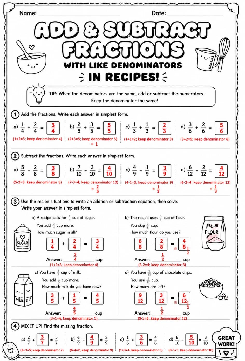 Answer key for Add and subtract fractions with like denominators in recipes — free printable Math worksheet