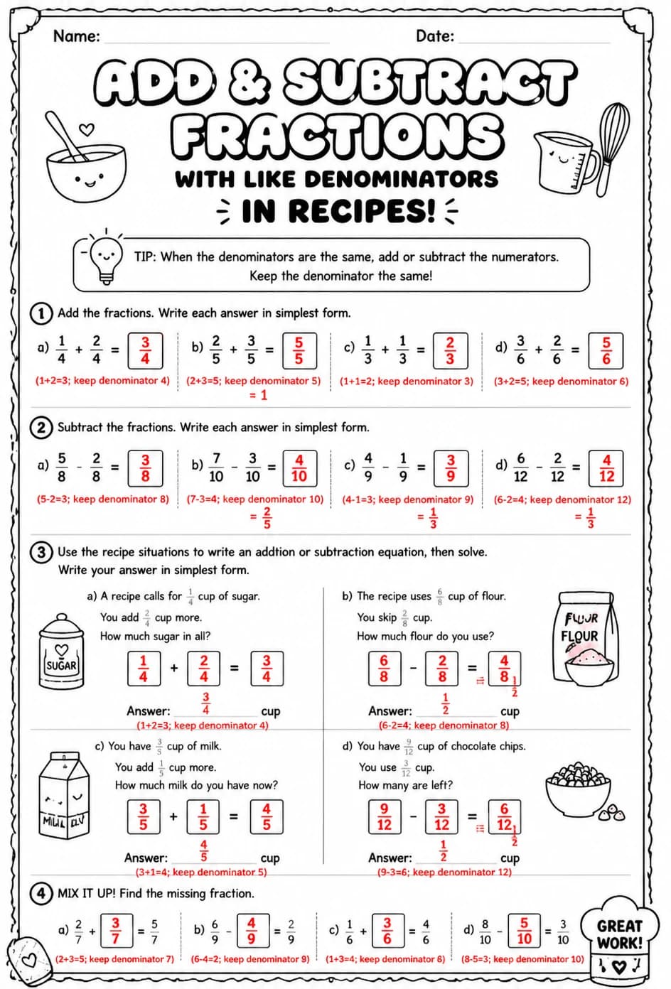 Answer key for Add and subtract fractions with like denominators in recipes — free printable Math worksheet