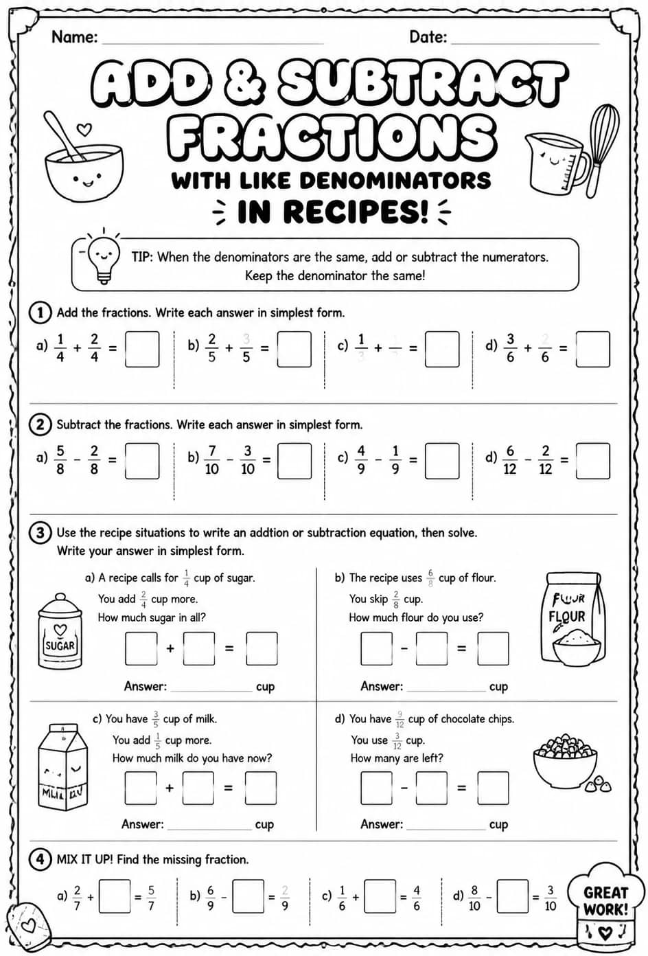 Add and subtract fractions with like denominators in recipes — free printable Grade 4 math worksheet