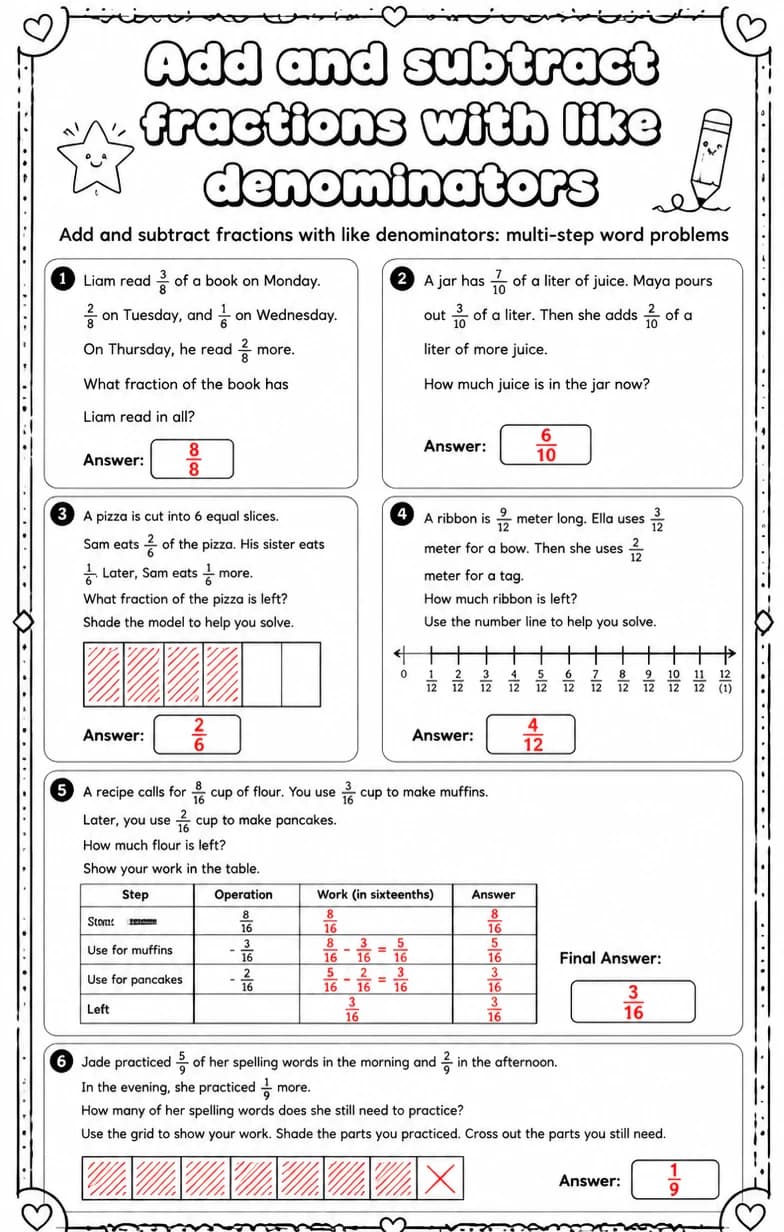 Answer key for Add and subtract fractions with like denominators: multi-step word problems — free printable Math worksheet