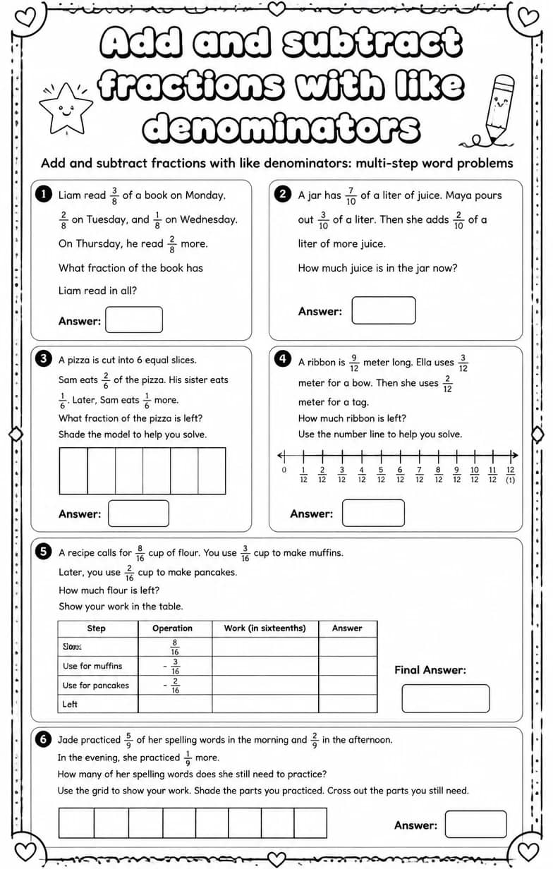 Add and subtract fractions with like denominators: multi-step word problems — free printable Grade 4 math worksheet