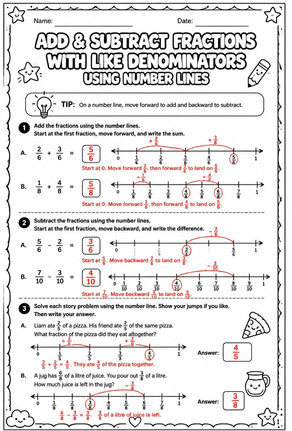 Answer key for Add and subtract fractions with like denominators using number lines — free printable Math worksheet
