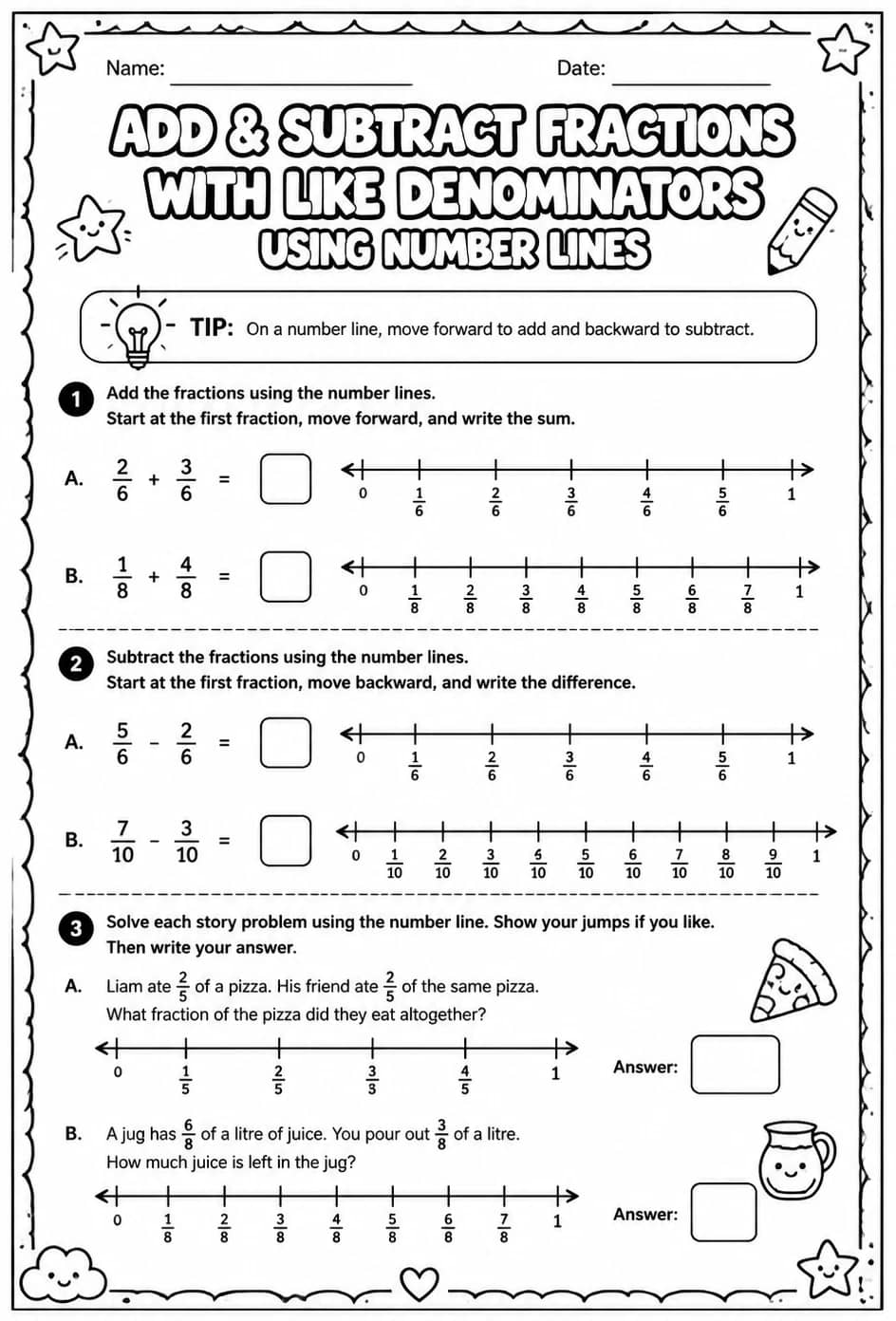 Add and subtract fractions with like denominators using number lines — free printable Grade 4 math worksheet
