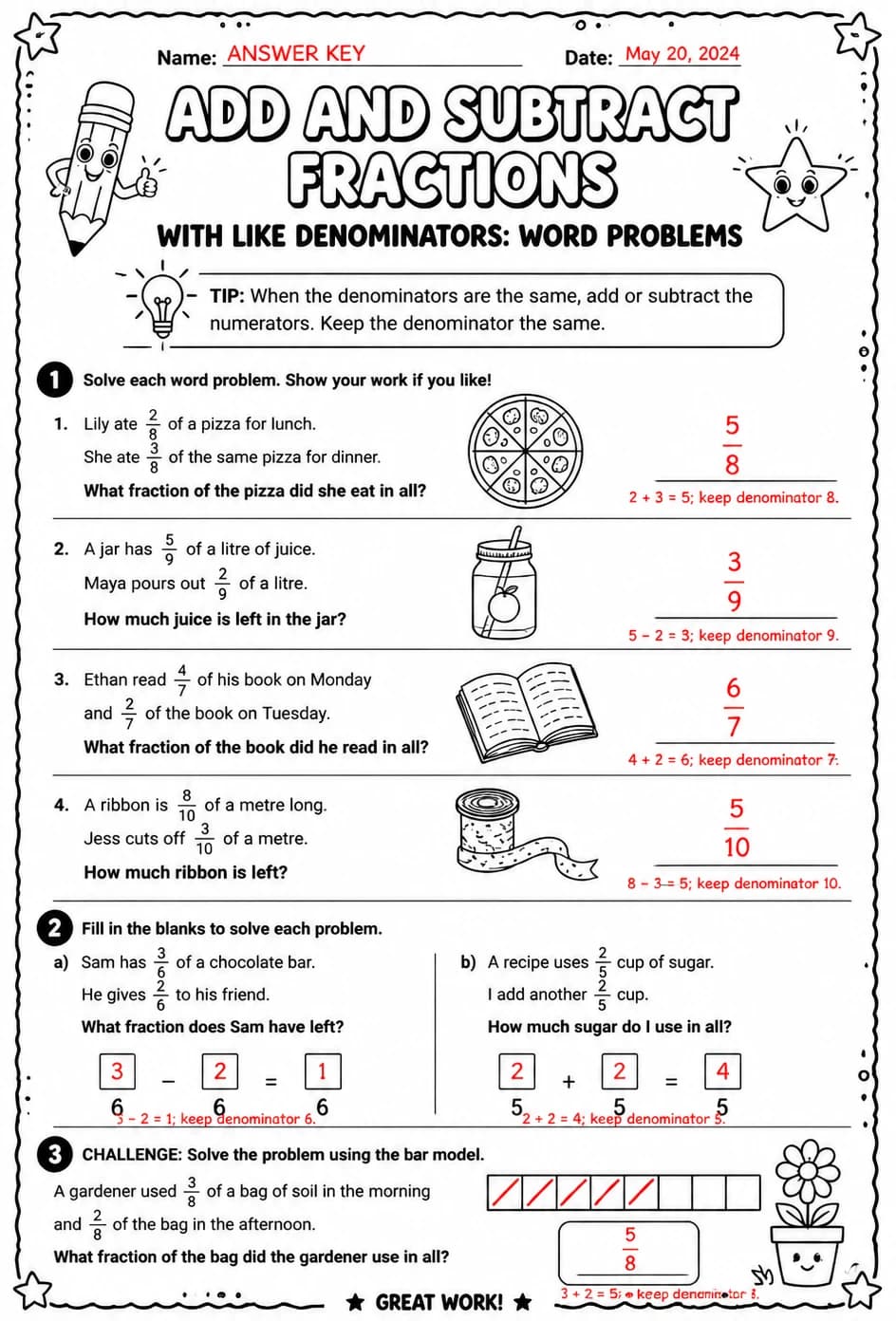 Answer key for Add and subtract fractions with like denominators: word problems — free printable Math worksheet