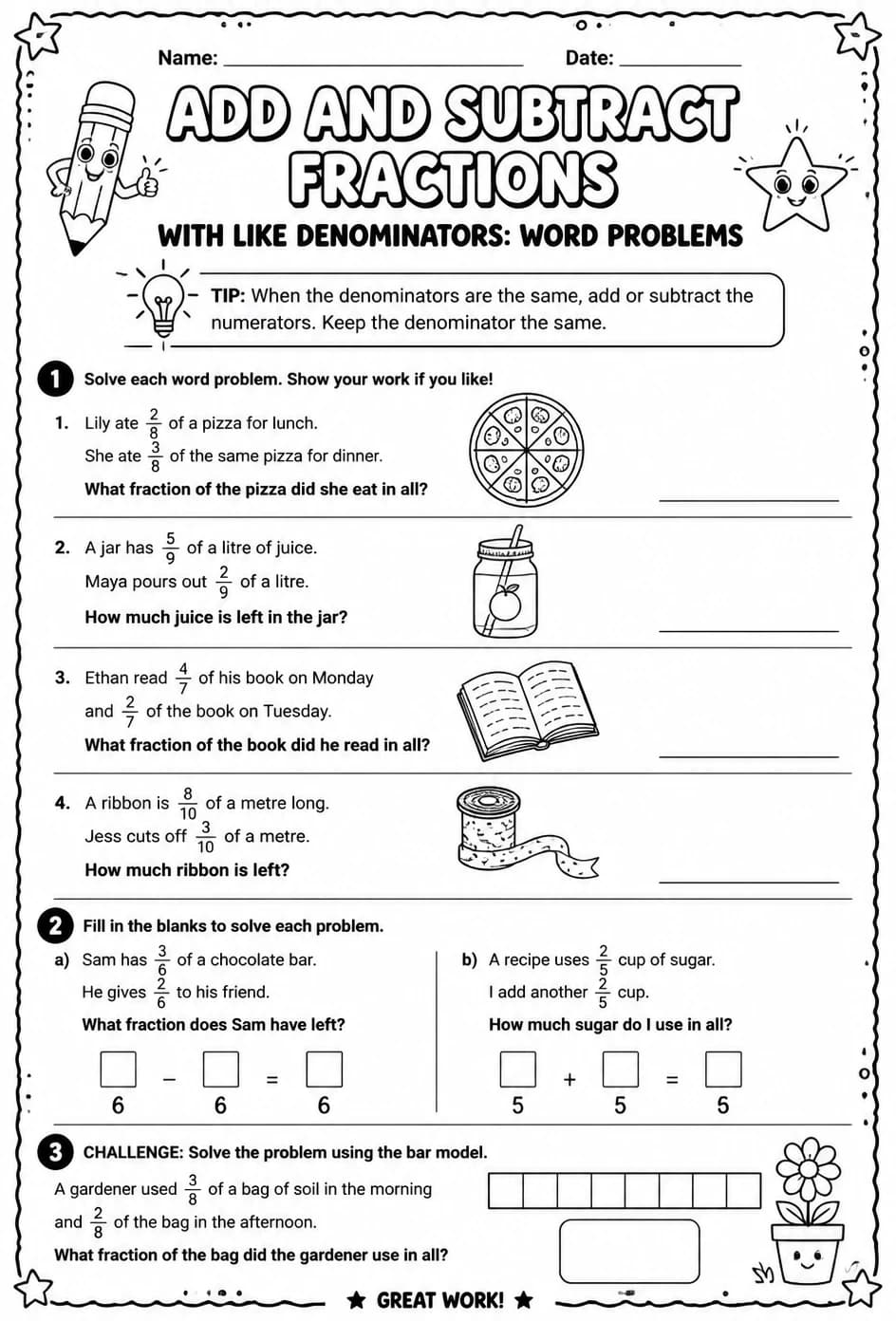 Add and subtract fractions with like denominators: word problems — free printable Grade 4 math worksheet
