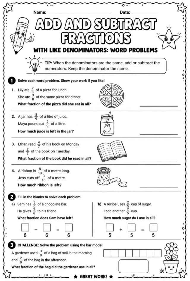Add and subtract fractions with like denominators: word problems
