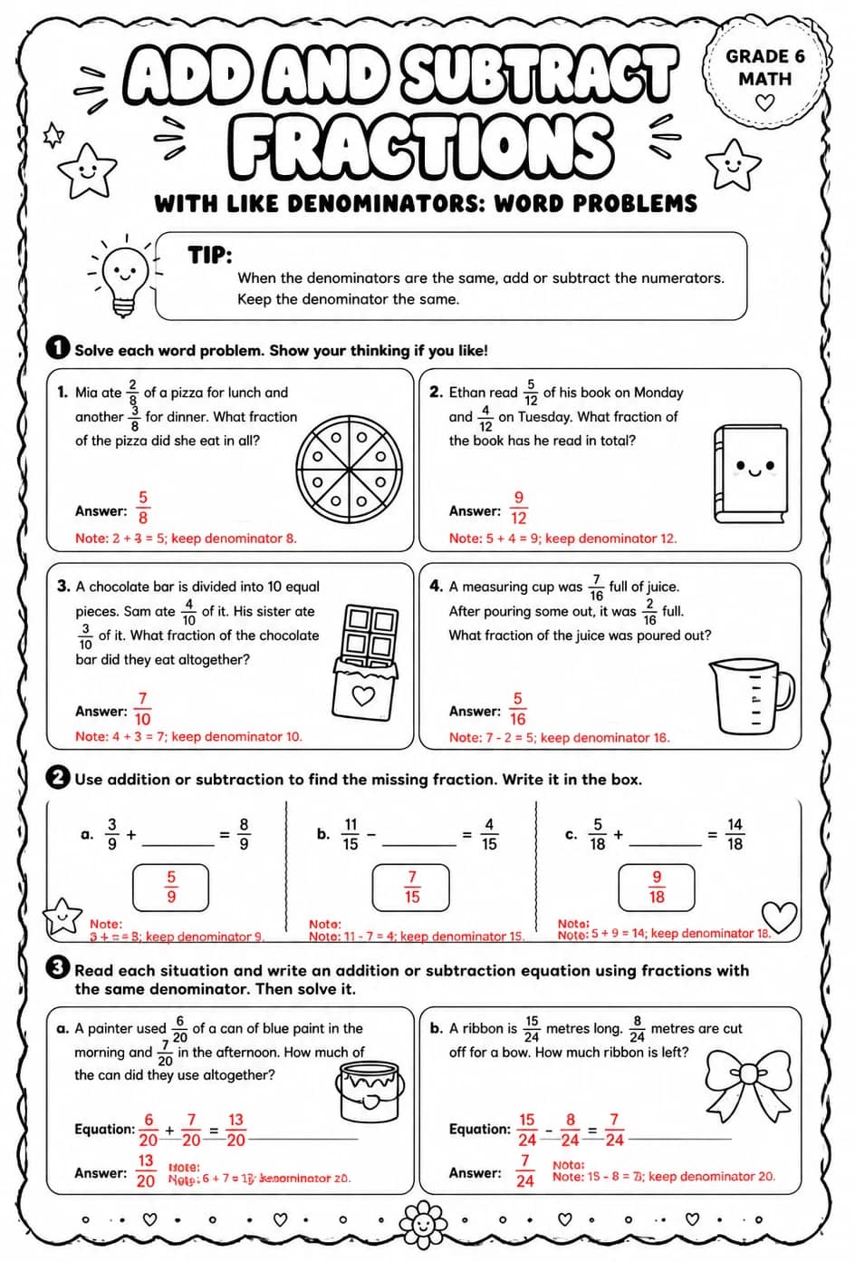 Answer key for Add and subtract fractions with like denominators: word problems — free printable Math worksheet