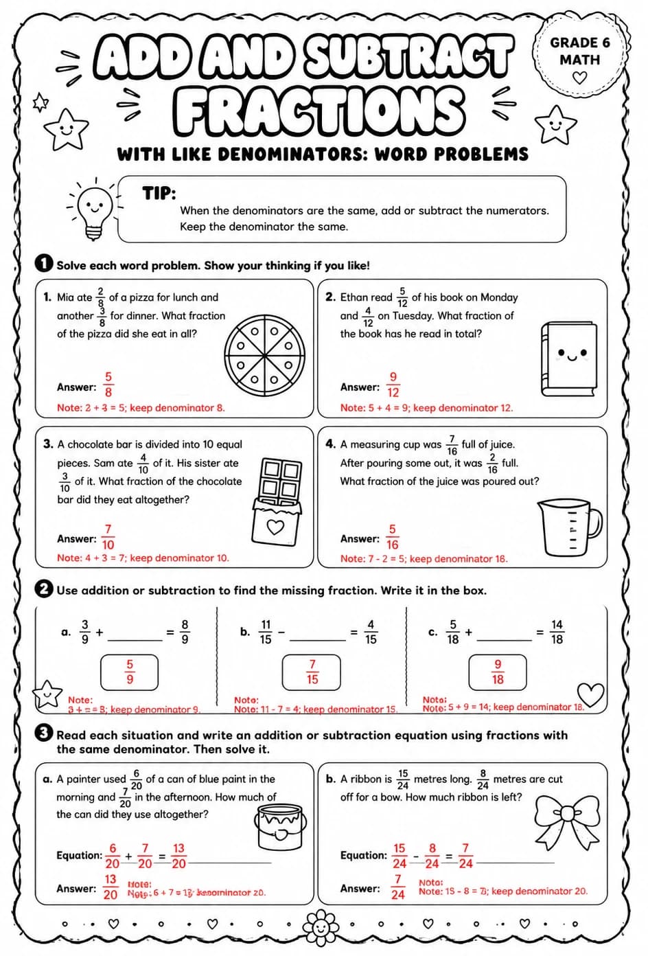 Answer key for Add and subtract fractions with like denominators: word problems — free printable Math worksheet