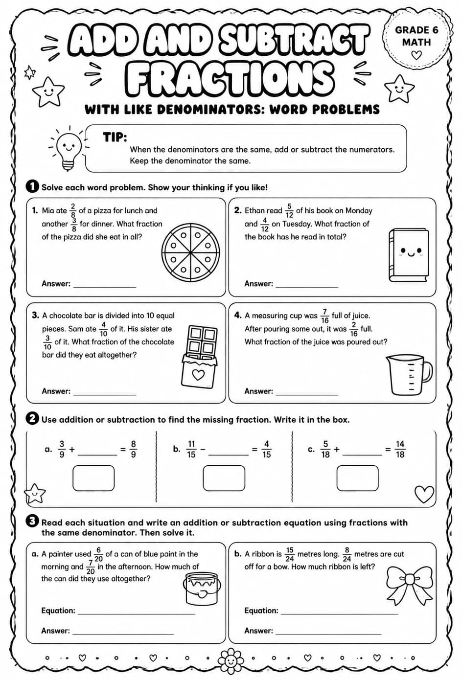 Add and subtract fractions with like denominators: word problems — free printable Grade 6 math worksheet