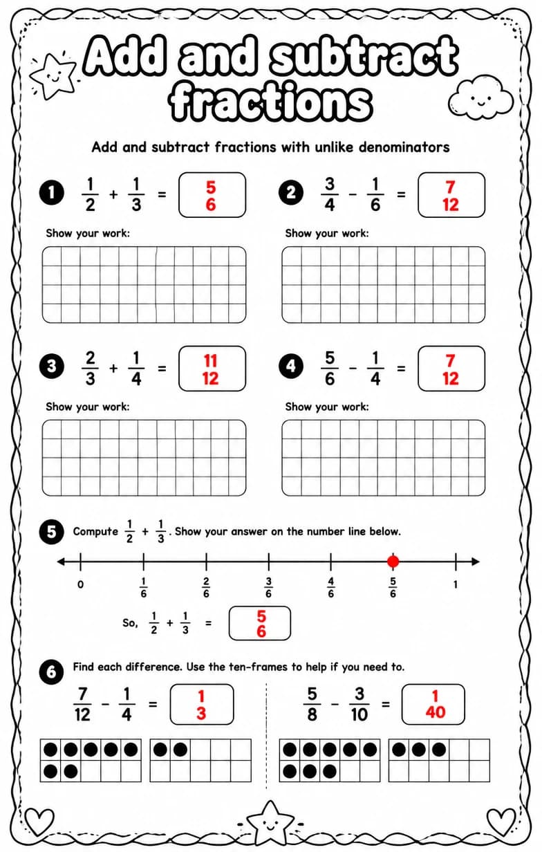 Answer key for Add and subtract fractions with unlike denominators — free printable Math worksheet