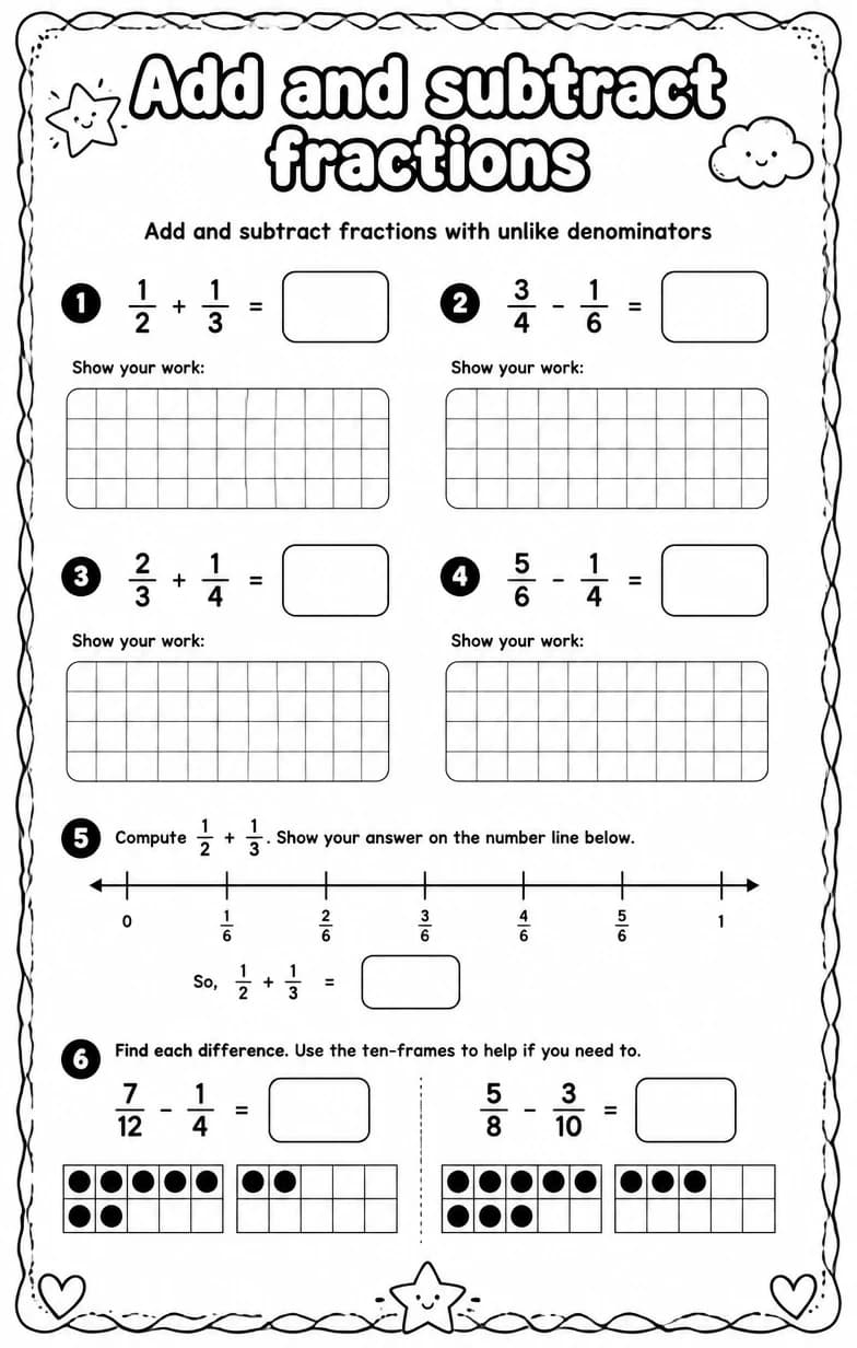 Add and subtract fractions with unlike denominators — free printable Grade 5 Math worksheet