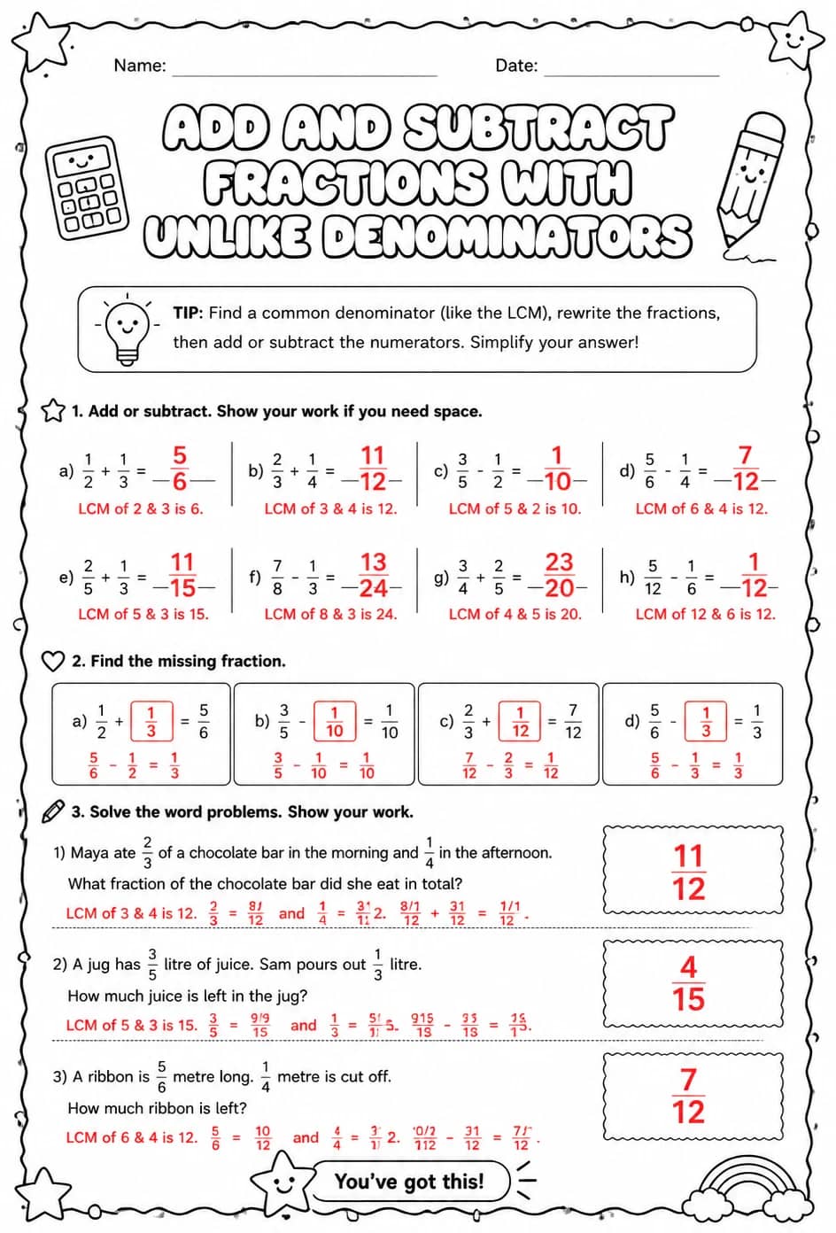 Answer key for Add and subtract fractions with unlike denominators — free printable Math worksheet