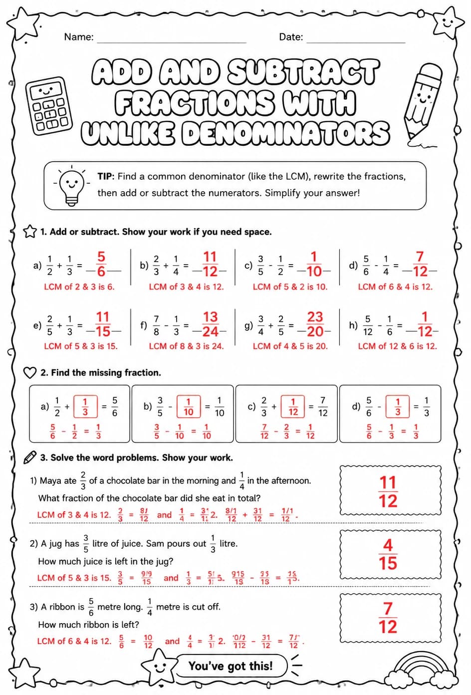 Answer key for Add and subtract fractions with unlike denominators — free printable Math worksheet