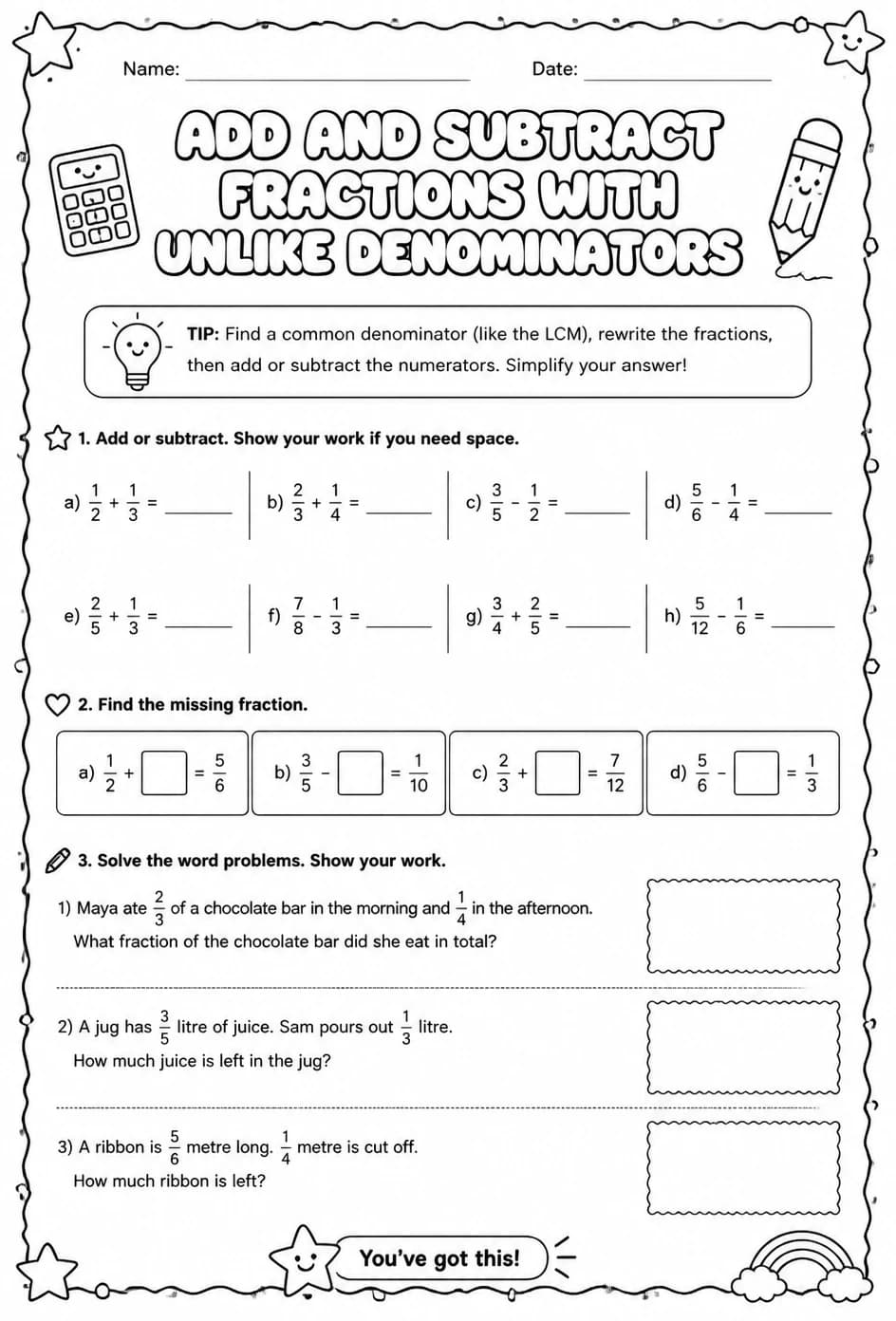 Add and subtract fractions with unlike denominators — free printable Grade 6 math worksheet