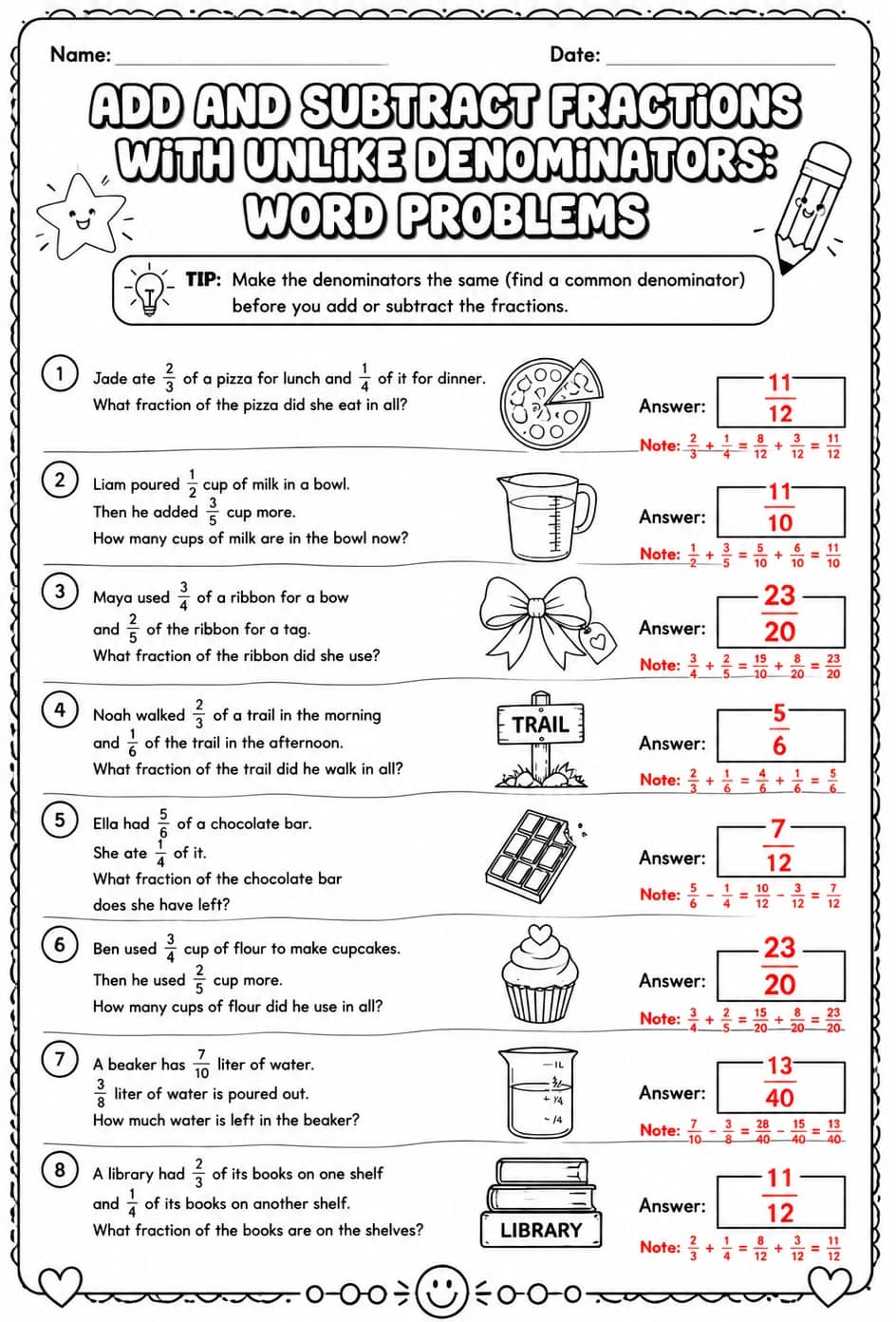 Answer key for Add and subtract fractions with unlike denominators: word problems — free printable Math worksheet