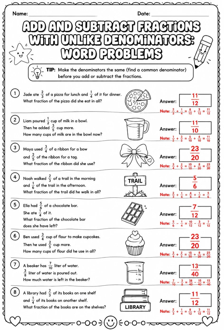 Answer key for Add and subtract fractions with unlike denominators: word problems — free printable Math worksheet