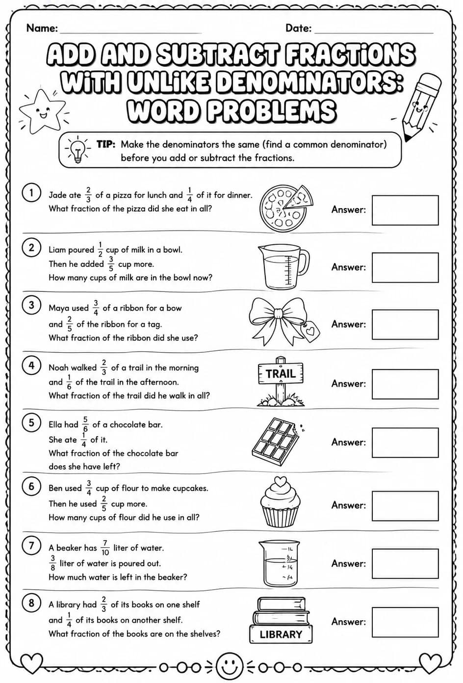 Add and subtract fractions with unlike denominators: word problems — free printable Grade 4 math worksheet