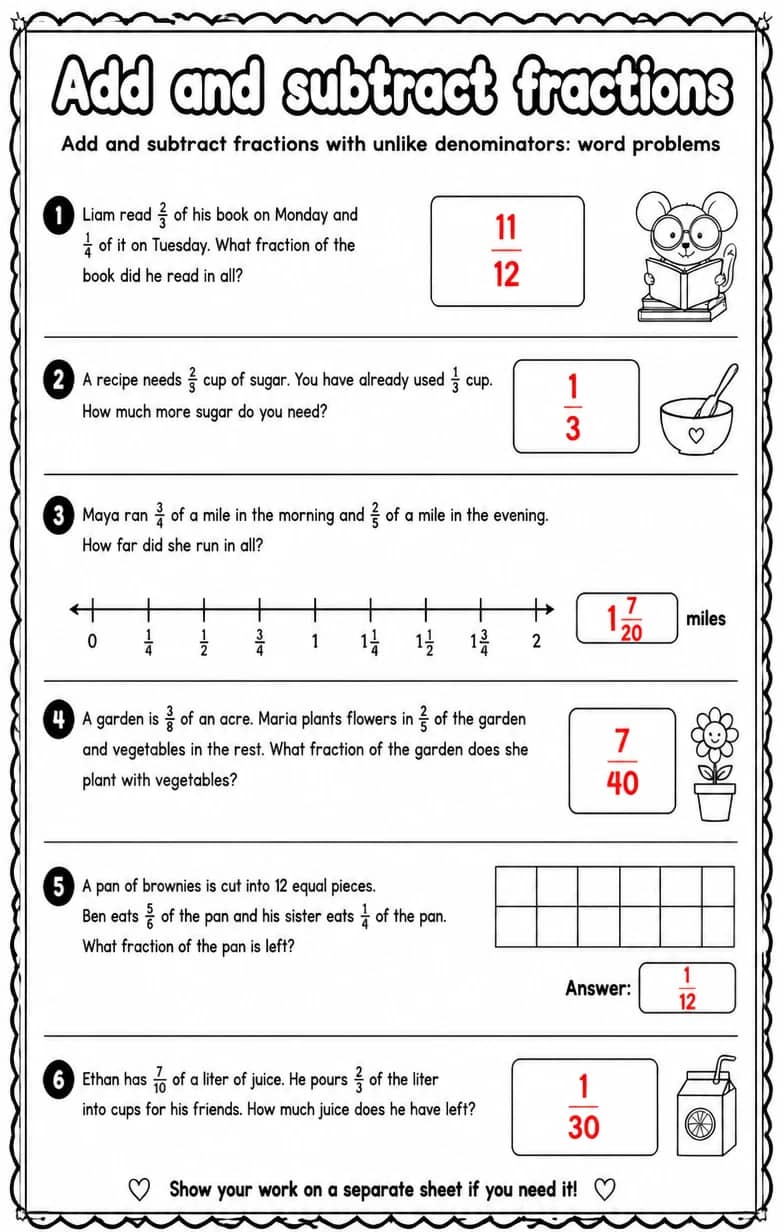 Answer key for Add and subtract fractions with unlike denominators: word problems — free printable Math worksheet