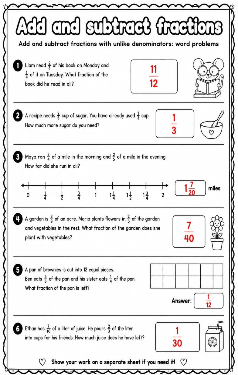 Answer key for Add and subtract fractions with unlike denominators: word problems — free printable Math worksheet