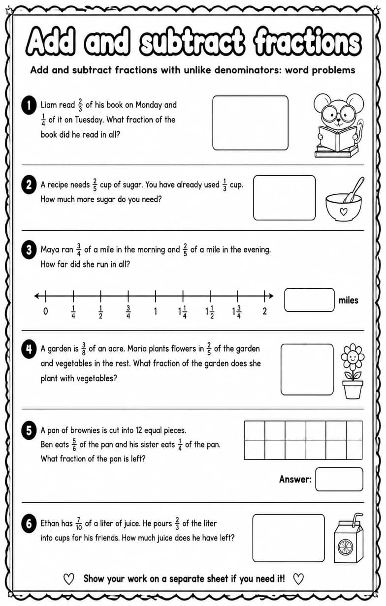 Add and subtract fractions with unlike denominators: word problems — free printable Grade 5 math worksheet