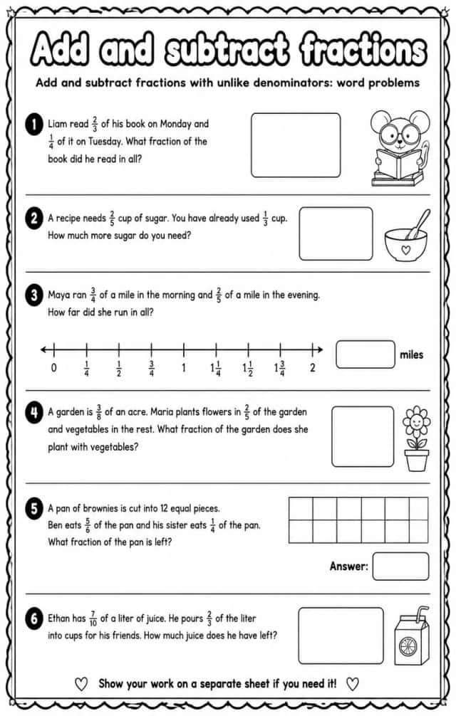 Add and subtract fractions with unlike denominators: word problems