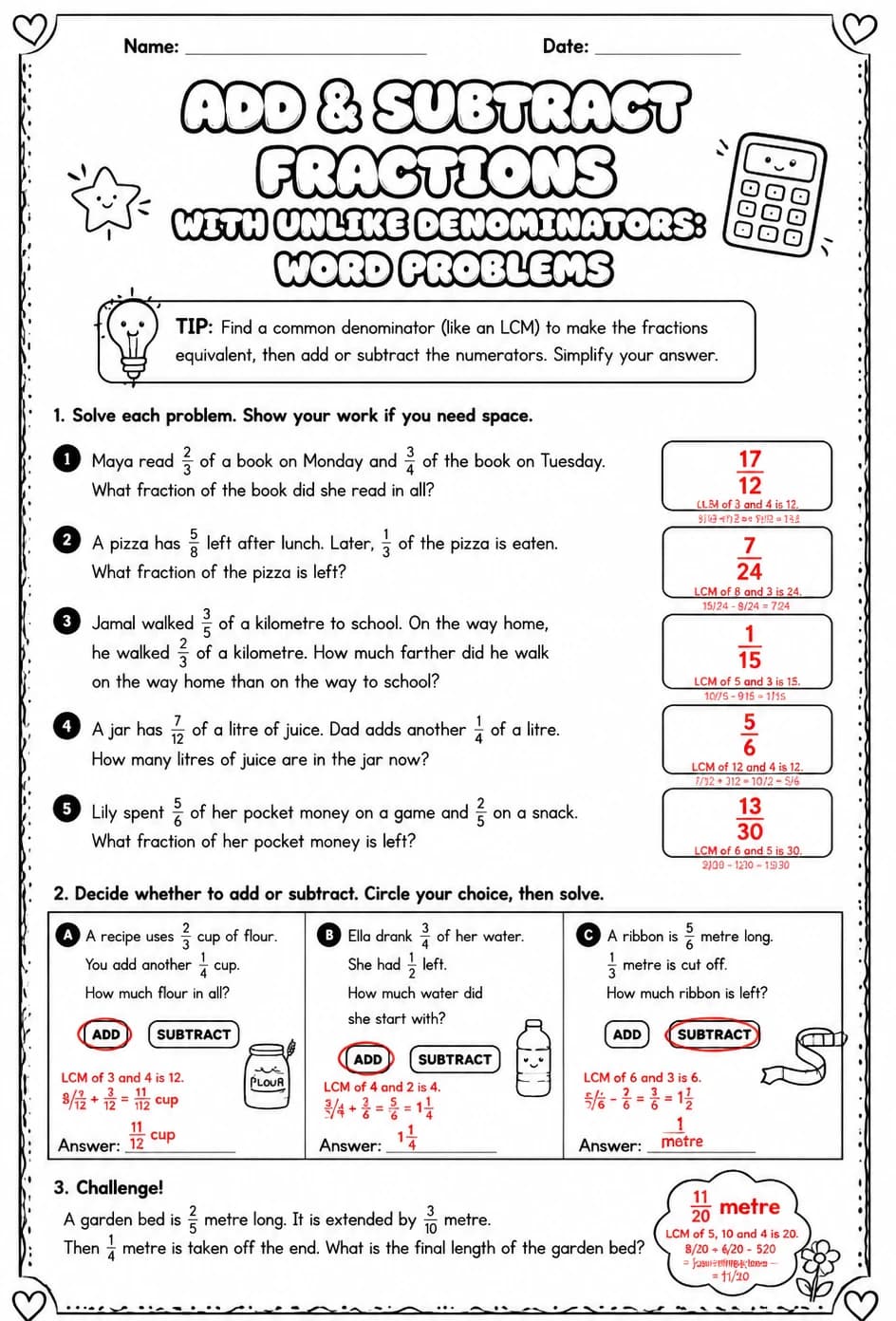 Answer key for Add and subtract fractions with unlike denominators: word problems — free printable Math worksheet
