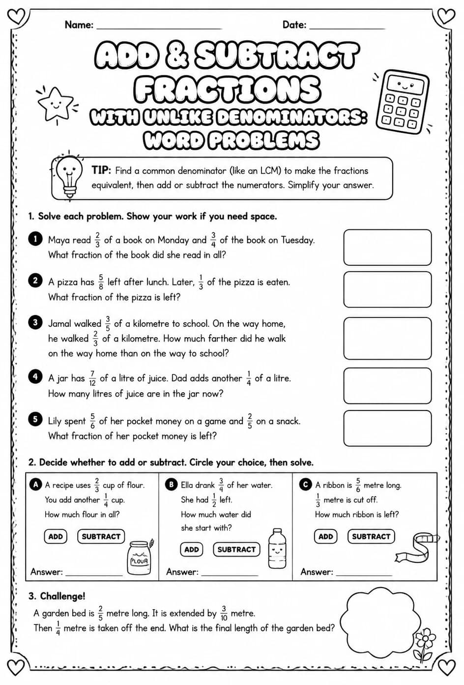 Add and subtract fractions with unlike denominators: word problems — free printable Grade 6 math worksheet