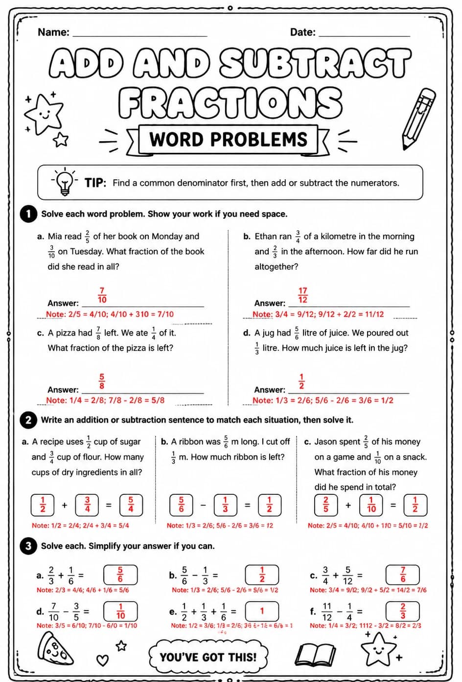Answer key for Add and subtract fractions: word problems — free printable Math worksheet