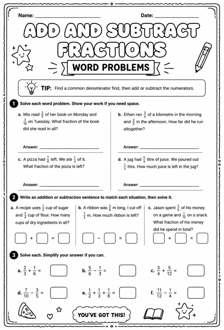 Add and subtract fractions: word problems — free printable Grade 7 math worksheet