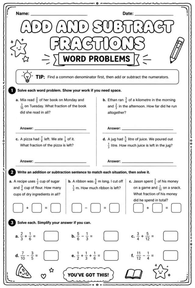 Add and subtract fractions: word problems
