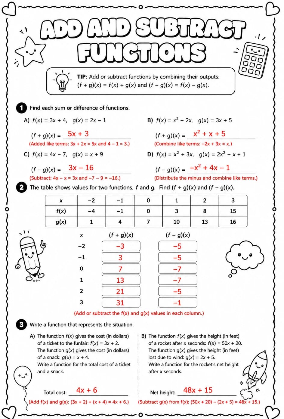 Answer key for Add and subtract functions — free printable Math worksheet