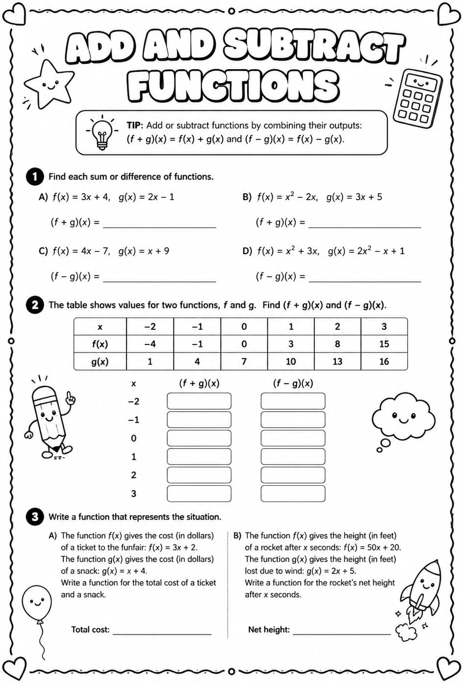Add and subtract functions — free printable Algebra 1 math worksheet