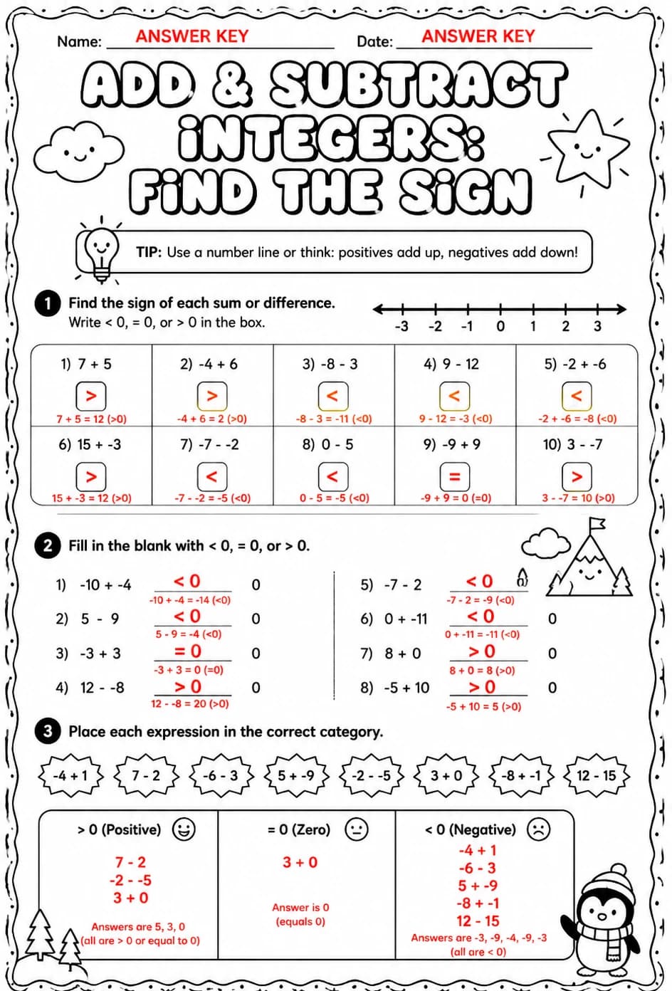 Answer key for Add and subtract integers: find the sign — free printable Math worksheet