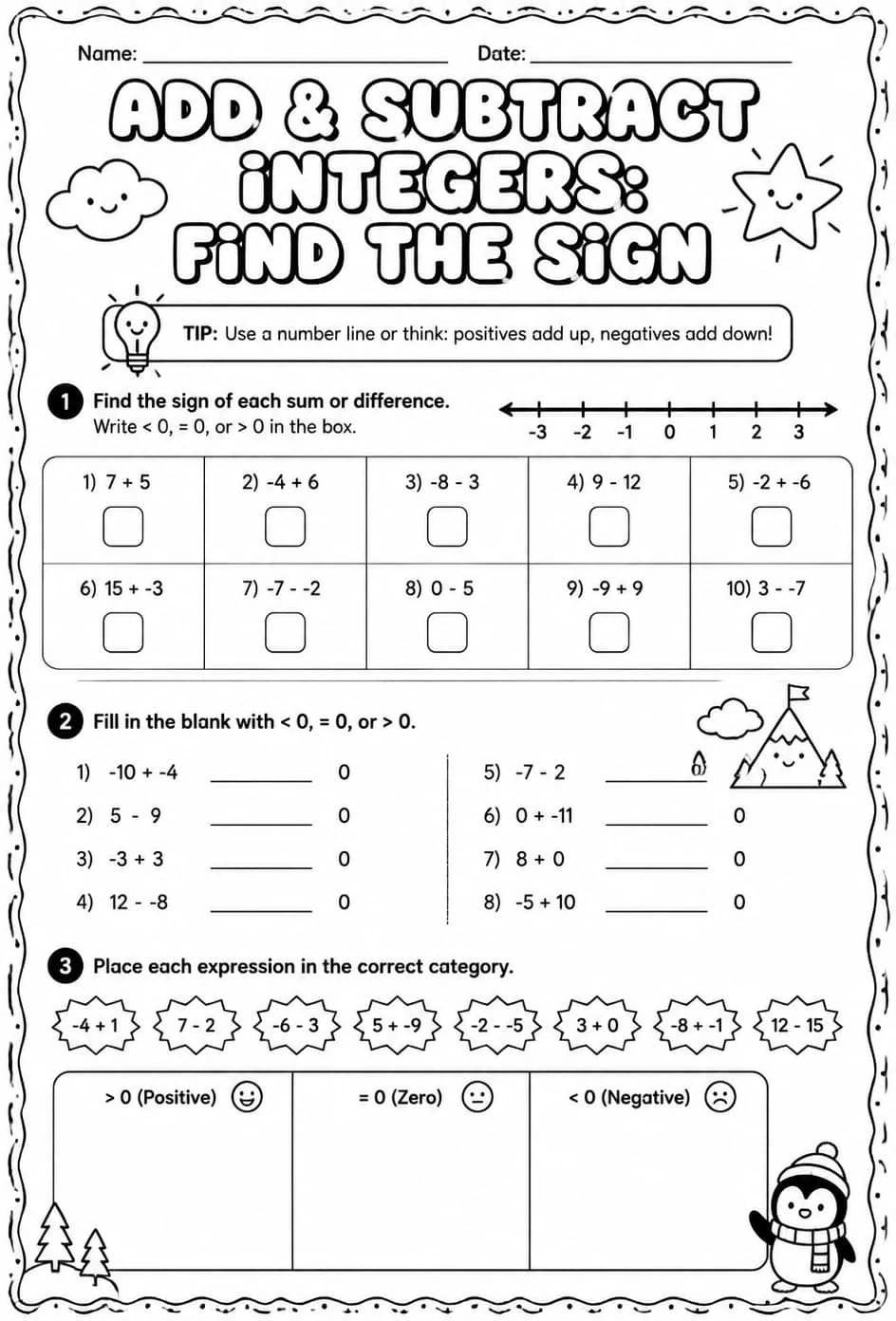 Add and subtract integers: find the sign — free printable Grade 6 math worksheet