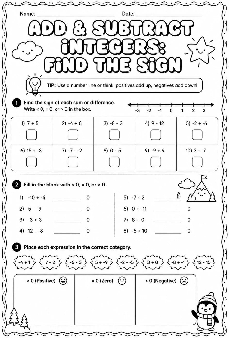 Add and subtract integers: find the sign — free printable Grade 6 math worksheet