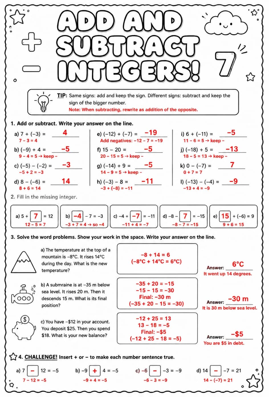 Answer key for Add and subtract integers — free printable Math worksheet