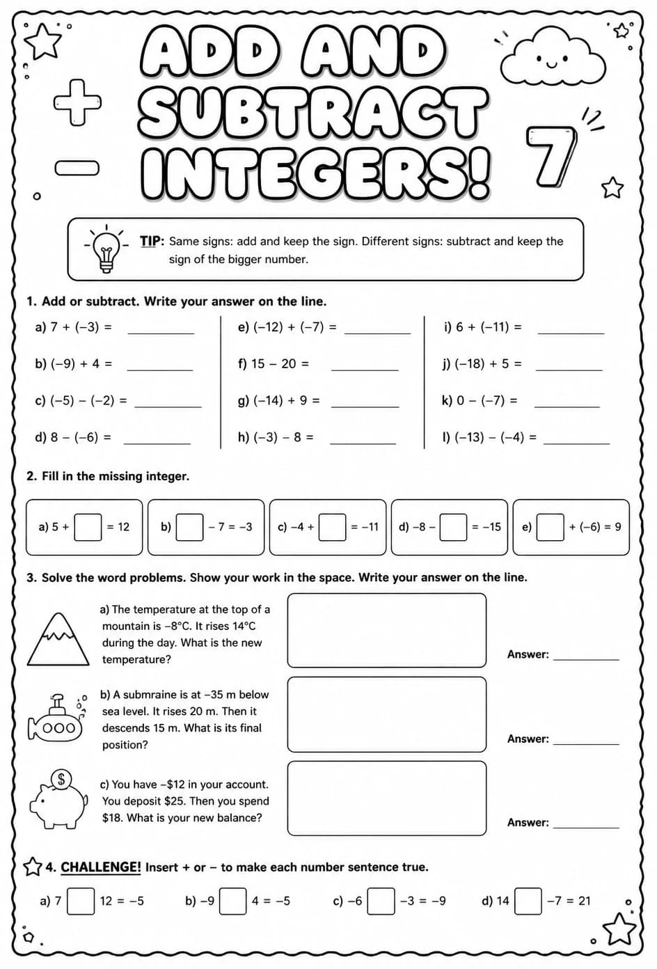 Add and subtract integers — free printable Grade 7 math worksheet