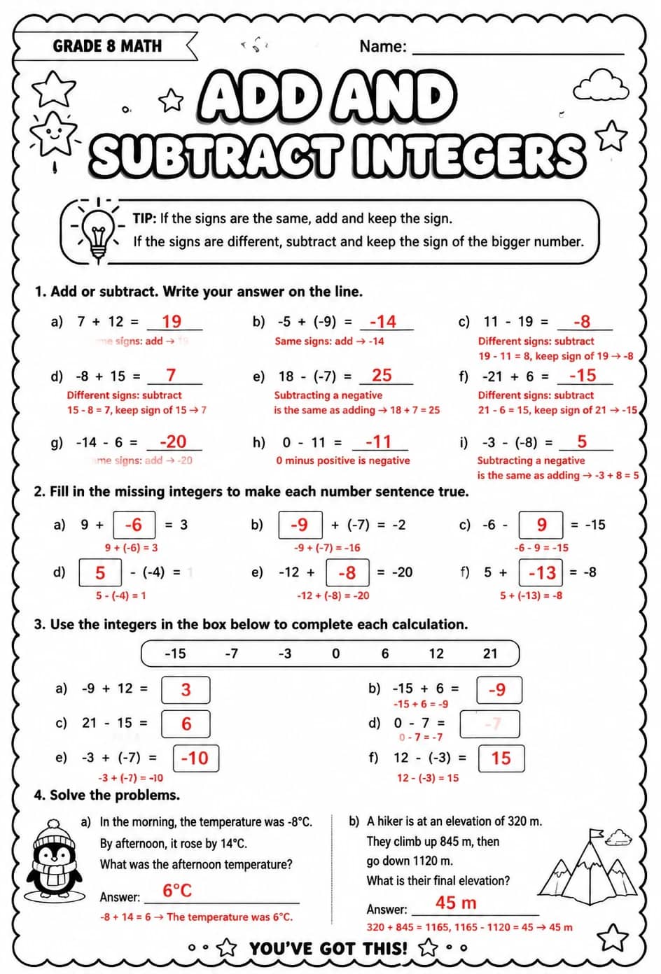 Answer key for Add and subtract integers — free printable Math worksheet