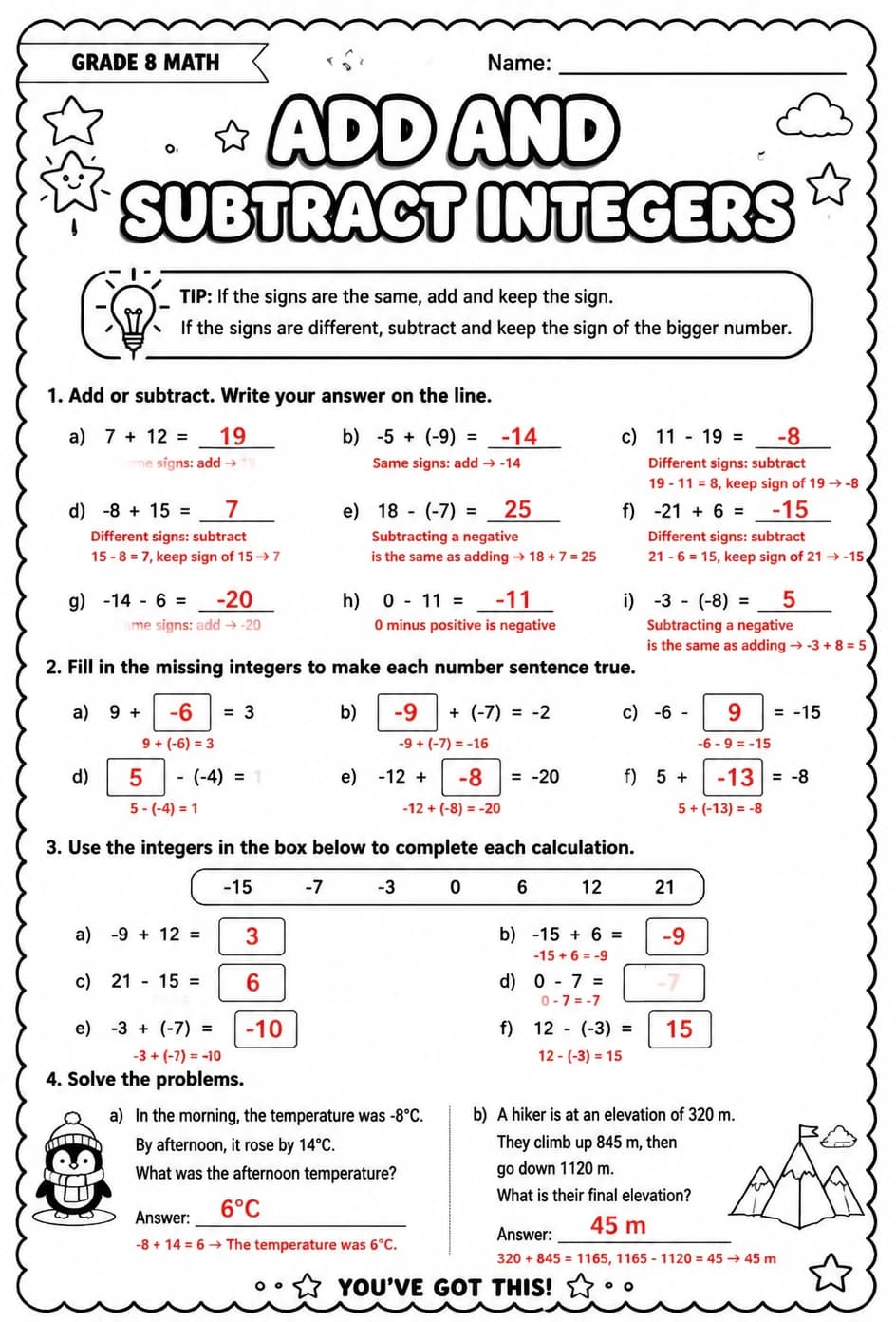 Answer key for Add and subtract integers — free printable Math worksheet