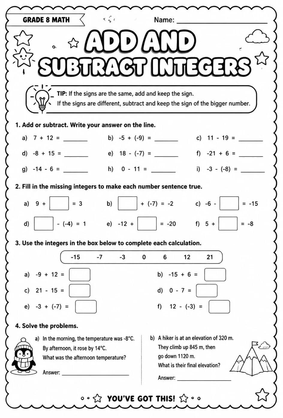 Add and subtract integers — free printable Grade 8 math worksheet