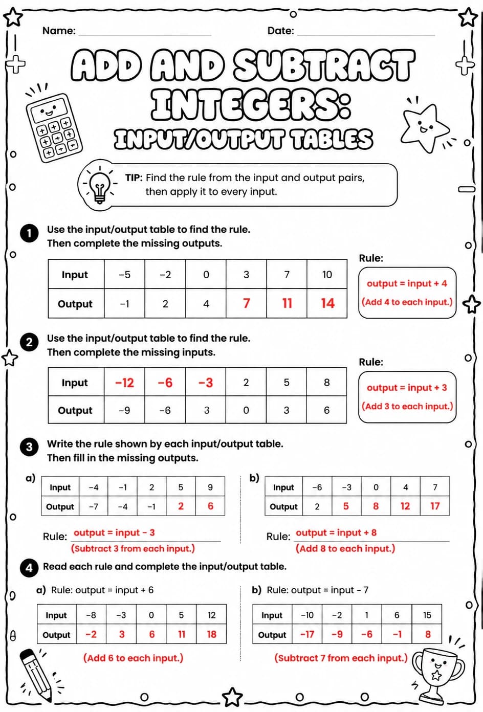 Answer key for Add and subtract integers: input/output tables — free printable Math worksheet