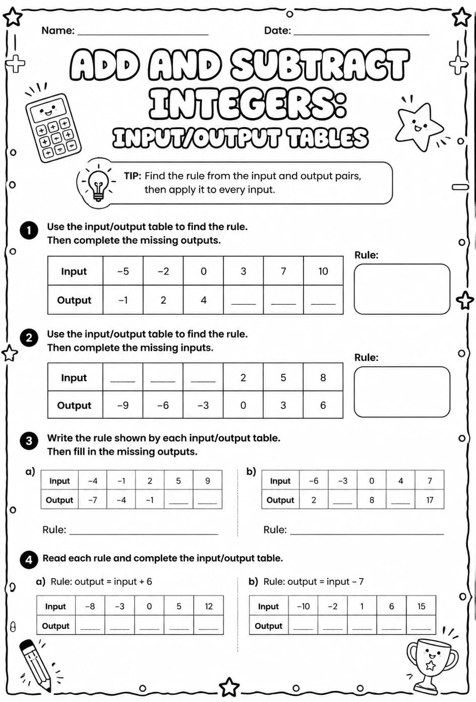 Add and subtract integers: input/output tables — free printable Grade 6 math worksheet